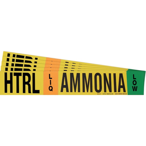 Brady AMMONIA HTRL LIQ LOW Pipe Marker Style 1HV BK, GN, OR on YL 1 per Card, 5 PK 105783-PK - main